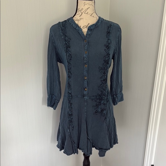 Blue Button-Up Mini Dress with Embroidered Details size Medium - Picture 1 of 7